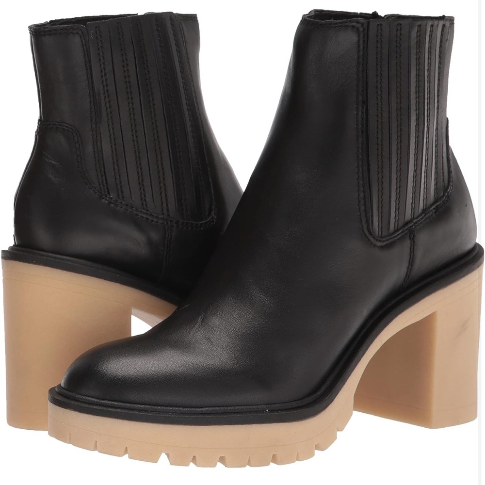 Black Leather Ankle Boots with Chunky Tan Heel